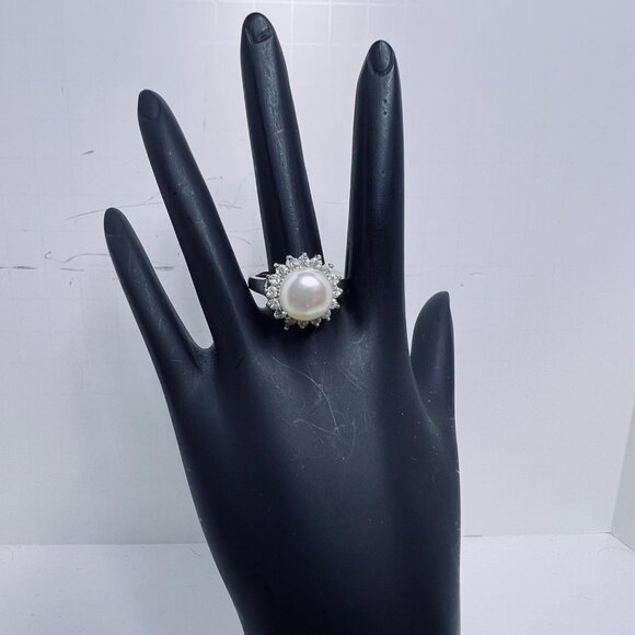 Silver Tone Faux Pearl & Clear Rhinestone Adjustable Statement Ring (R449) - Picture 1 of 9